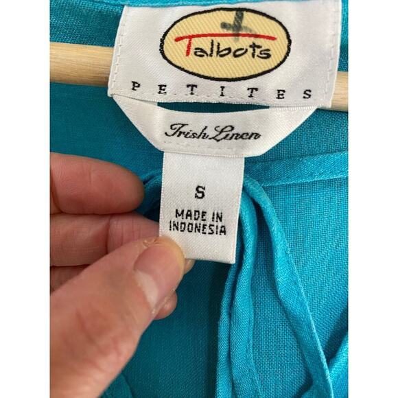 Talbots Petites Women's S Turquoise Blue Irish Linen Tie Neck Blouse - Picture 6 of 6